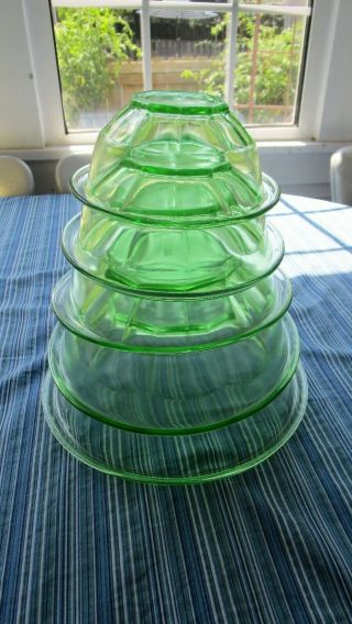 Rare Hazel Atlas Set Of 5 Green Depression Glass Mixing Bowls,  Block Pattern