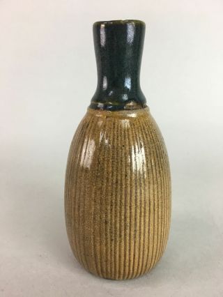 Japanese Ceramic Sake Bottle Vtg Pottery Tokkuri Green Brown Vertical TS147 2