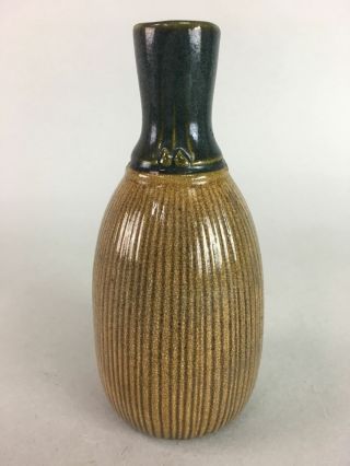 Japanese Ceramic Sake Bottle Vtg Pottery Tokkuri Green Brown Vertical TS147 3