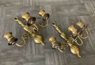Set Of 2 Vintage Brass Triple Arm Wall Sconce Candle Holder Drapery 9 " Tall