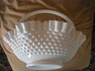 Large Hobnail Ruffled White Milk Glass Basket W/ Handle 10 " Tall By 11.  5 " Wide