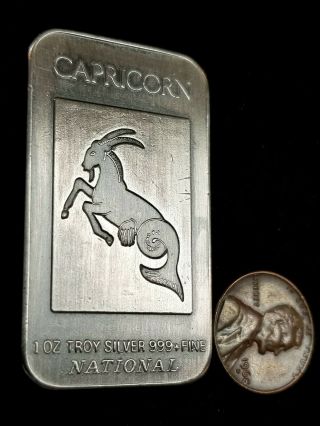 National Zodiac Capricorn 1 Troy Ounce Of 99.  9 Fine Antiqued Silver Bar.