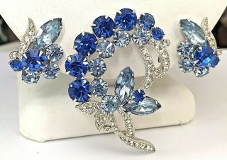 Vintage Signed Eisenberg Ice Shades Of Blue Rhinestone Brooch Pin Clip Earrings