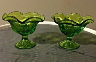 Vintage Green Glass Taper Candle Holders With Ruffled Edge Pair