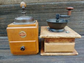 2 Antique Coffee Grinder Leinbrocks Jdeal Wood Cast Iron Handle Mill Parts