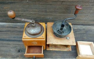 2 Antique COFFEE GRINDER Leinbrocks JDeal Wood Cast Iron Handle Mill parts 3