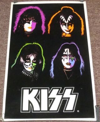 Rare 2003 Kiss Four Faces Black Light Poster 23 " X 35 " Flocked Gene Simmons