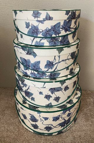 Set Of 4 Vintage Round Ivy Design Nesting Stacking Hat Boxes W/ Rope Handle Rare