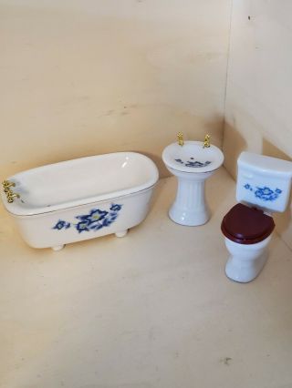 Vintage Dollhouse Porcelain Bathroom Set Blue Flowers 1:12