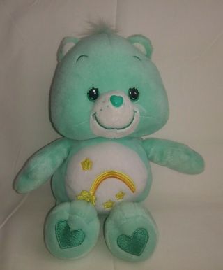 Vintage 2002 Care Bear 10 " Plush Soft Green Wish Bear Yellow Star & Rainbow
