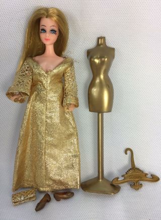 Vintage Topper Dawn Doll In Glimmer Glamour Outfit W Gold Shoes Purse Dress Form