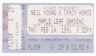 Rare Neil Young 2/14/91 Toronto Canada Maple Leaf Gardens Concert Ticket Stub