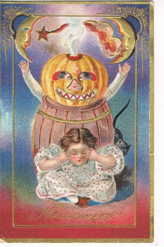 Antique Halloween Postcard Child In Pumpkin,  Girl On Floor,  Star On Fire,  Moon