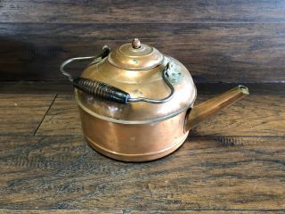 22895 Antique Copper Tea Pot Kettle W Wood Handle Hand Made Primitive 1890s