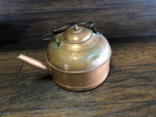 22895 Antique Copper Tea Pot Kettle w Wood Handle Hand Made Primitive 1890s 2