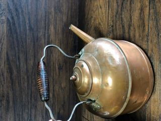 22895 Antique Copper Tea Pot Kettle w Wood Handle Hand Made Primitive 1890s 3