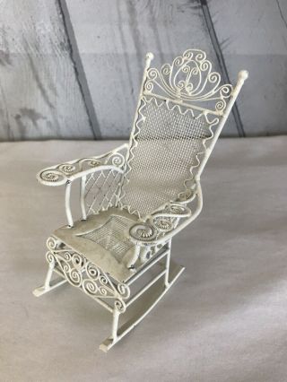 Vintage Dollhouse Rocking Chair White Metal Wicker Style Tall Unmarked Ornate