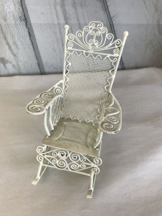 Vintage Dollhouse Rocking Chair White Metal Wicker Style Tall Unmarked Ornate 2