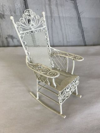 Vintage Dollhouse Rocking Chair White Metal Wicker Style Tall Unmarked Ornate 3
