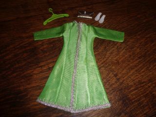 VINTAGE BARBIE SIZED CLONE LIME GREEN DRESS WHITE SHOES SILVER PURSE OUTFIT CUTE 2
