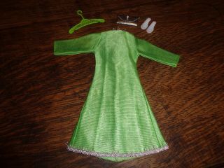 VINTAGE BARBIE SIZED CLONE LIME GREEN DRESS WHITE SHOES SILVER PURSE OUTFIT CUTE 3