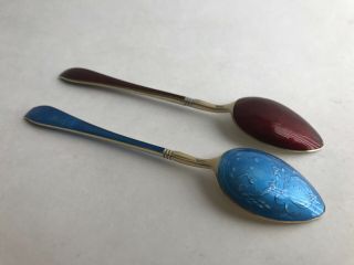 Antique Pair Norway J.  T Sterling Silver 925s Guilloche Enamel Spoons