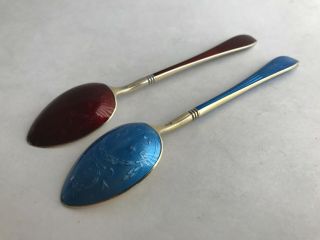Antique Pair Norway J.  T Sterling Silver 925s Guilloche Enamel Spoons 2
