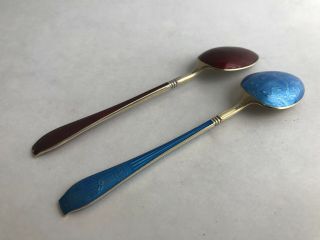 Antique Pair Norway J.  T Sterling Silver 925s Guilloche Enamel Spoons 3