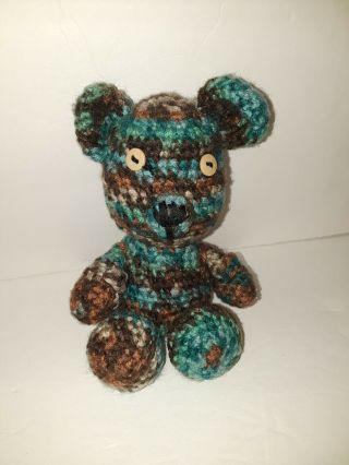 Adorable Hand Made Knitted Mini 6 " Brown Teal Teddy Bear Button Eyes C3
