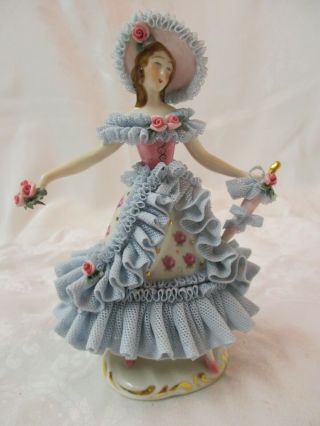 Antique Germany Dresden Figurine Lady With Lace Dress Roses Crown D Mark