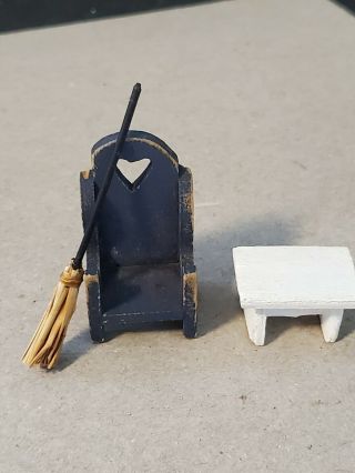Dollhouse Miniature 1:24 Primitive Wood Chair,  Table & Broom Handmade