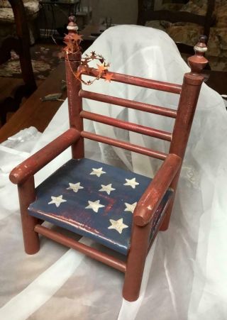 Vintage Wood Doll / Bear Chair Red White Blue Americana 12 " X 8 " By 6 " Handmade