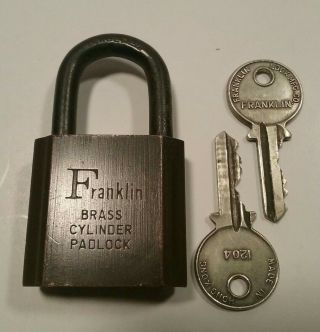Antique Franklin Brass Cylinder Padlock W/2 Keys - Made In Hong Kong