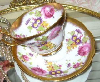 Vintage Eb Foley 1850 Floral Pink Roses Heavy Gold Gilt Tea Cup And Saucer