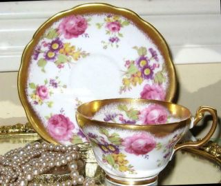 Vintage EB Foley 1850 FLORAL PINK ROSES HEAVY GOLD GILT Tea Cup and Saucer 3