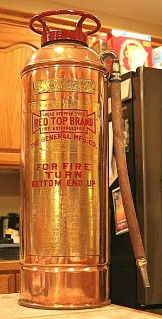 Rare Antique Vintage " Red Top Brand " Copper Brass Fire Extinguisher - Polished