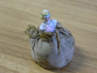 Antique Vintage Signed Germany Porcelain Half Doll Pin Cushion Woman Read Hd27