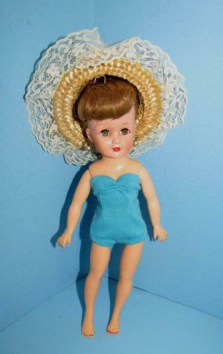 Vintage Uneeda Suzette / Tiny Teen 10 " Fashion Doll In Swimsuit And Straw Hat