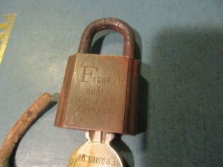 Antique Franklin Brass Cylinder Padlock W/key - Made In Hong Kong