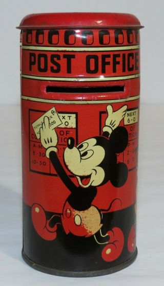 Rare Walt Disney Tin Litho Mickey Mouse Post Office Still Bank