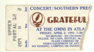 Rare Grateful Dead 4/5/91 Atlanta Ga The Omni Mail Order Ticket Stub
