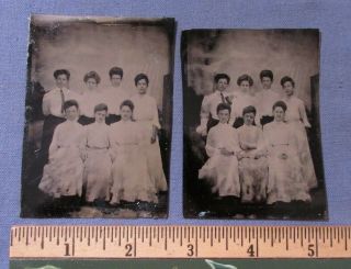 2 Antique Tintype Group Photos 7 Ladies In White In Paper Frames