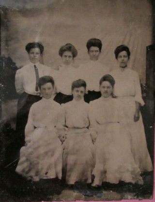 2 ANTIQUE TINTYPE GROUP PHOTOS 7 LADIES IN WHITE IN PAPER FRAMES 2