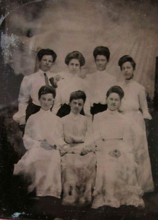 2 ANTIQUE TINTYPE GROUP PHOTOS 7 LADIES IN WHITE IN PAPER FRAMES 3