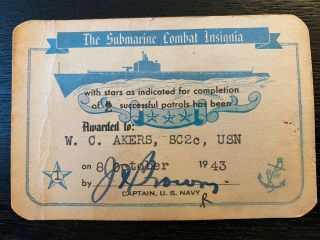 Vintage Wwii Rare 1943 Usn Submarine Combat Insignia Successful Patrols Card