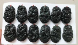 12pc Chinese Black Jade Carving Dragon Chinese Zodiac Pendant Necklace
