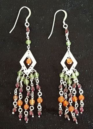 Silver With Orange & Green Glass Vintage Art Deco Antique Earrings