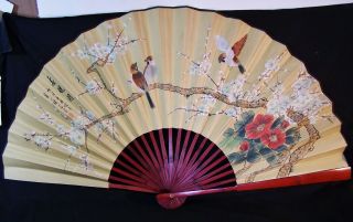 Huge Vintage Chinese Shandong Hand Painted Silk Fan Birds Flowers Signed 46 " W