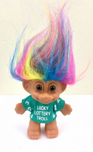 Vintage 3” Russ Troll Doll Rainbow Hair Lucky Lottery Troll In Green Shirt 1990s