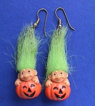 Russ Earrings Halloween Vintage Troll Doll Jol Pumpkin Green Hair Holiday
